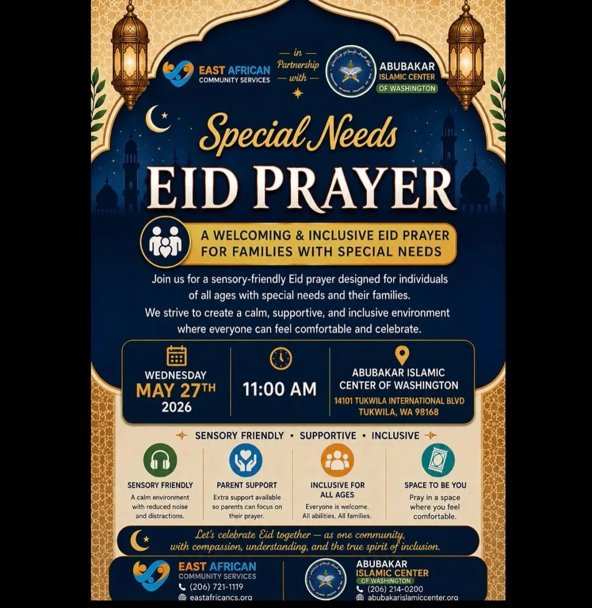Special Needs Eid Prayer flyer from East African Community Services and Abubakar Islamic Center of Washington, Wednesday May 27, 2026.