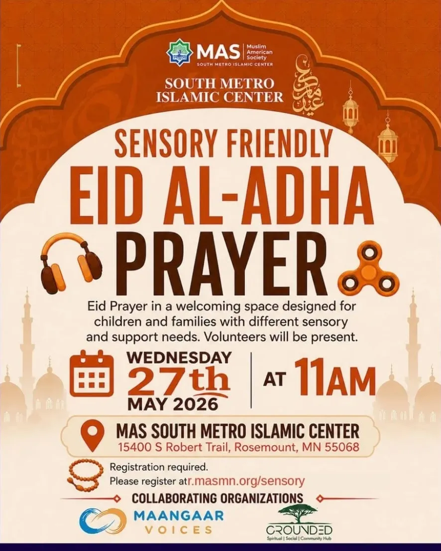 Flyer for the Sensory Friendly Eid al-Adha Prayer at MAS South Metro Islamic Center, Wednesday May 27, 2026 at 11 AM.